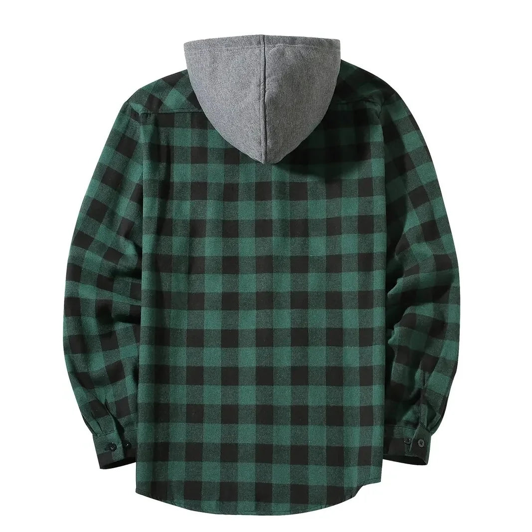 Spring Autumn Men's Hoodies Shirts Classic Plaid Casual Button Down Hooded Long Sleeved Double Pockets Shirt Flannel Jacket Tops