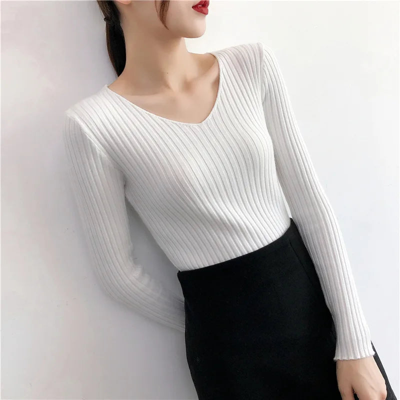 Autumn Winter Knitted V Neck Women Sweaters Casual Long Sleeve Pullover Soft Warm Sweater Femme Fashion Basic Solid Jersey Tops