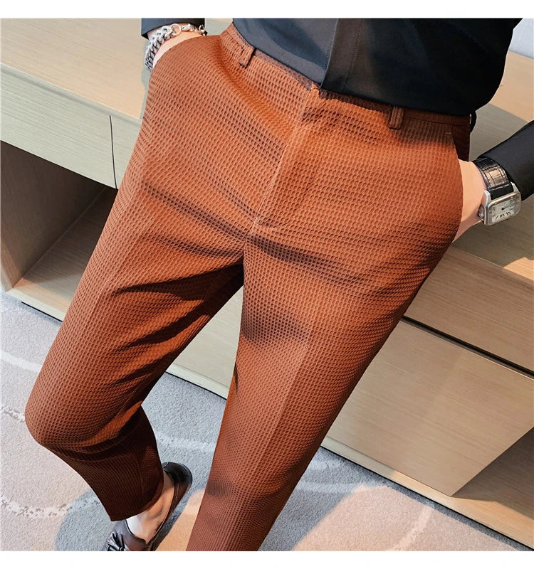 Suit Pants Autumn Winter Fashion Waffle Dress Pants For Men Clothing Business Casual Slim Fit Men's Formal Trousers High Quality