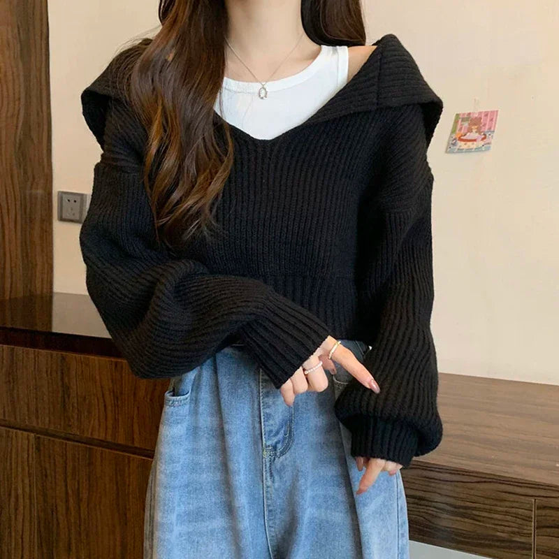 Long Sleeve Cropped Sweater Women Autumn Winter Turn Down Collar Knitted Jumper Woman Korean Style Solid Color Jerseys