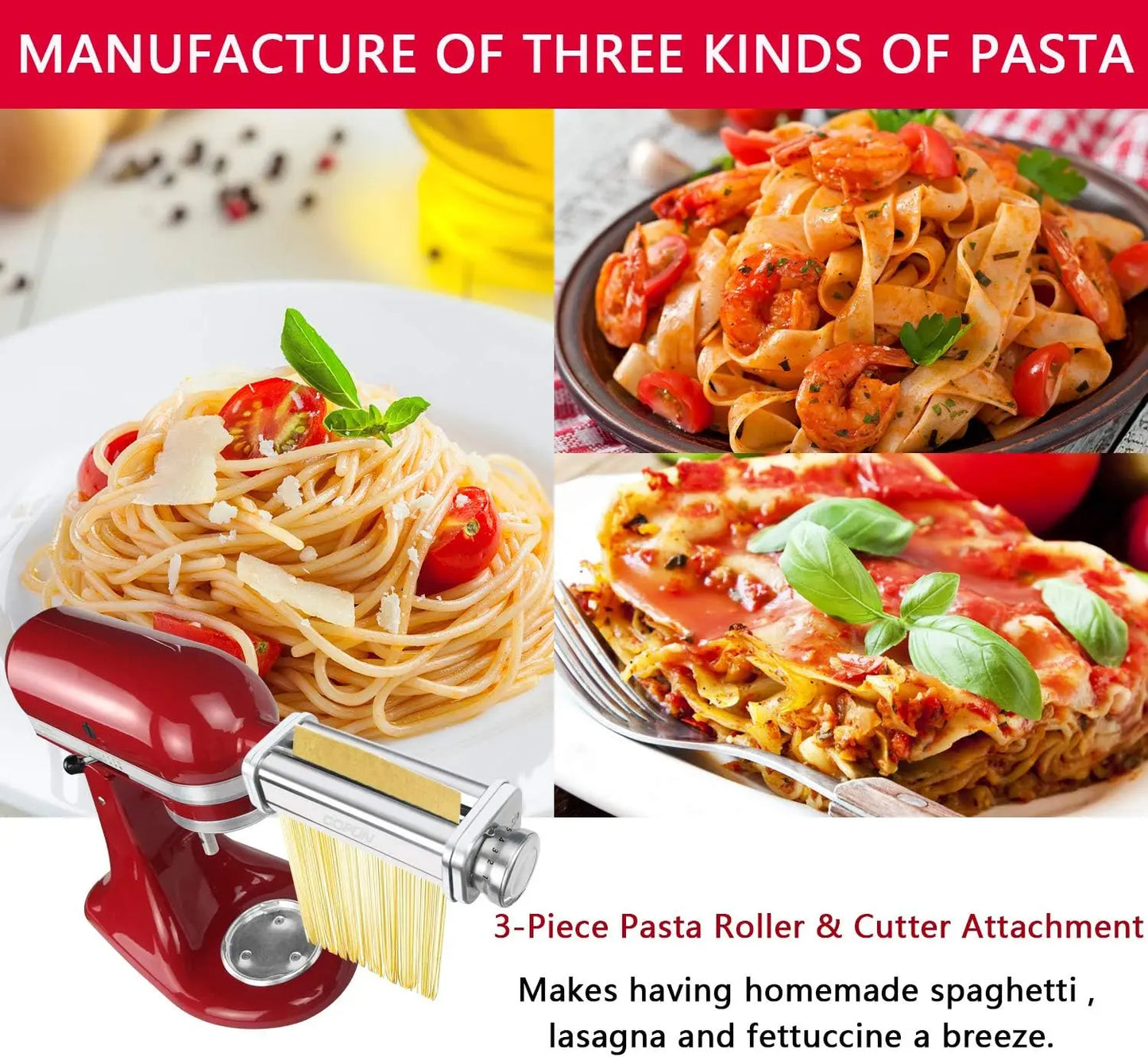 Pasta Attachment for Kitchenaid Stand Mixer,Cofun 3 Piece Pasta Maker Machine with Pasta Roller and Cutter Set for Dough Sheet,