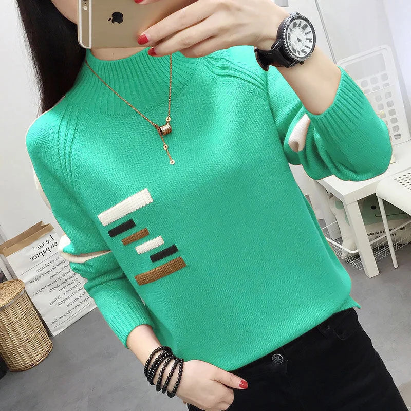 2024 Autumn Fashion Half High Collar Knitted Spliced Loose Sweater Women Clothing Oversized Casual Pullovers Tops Jumper Sweater