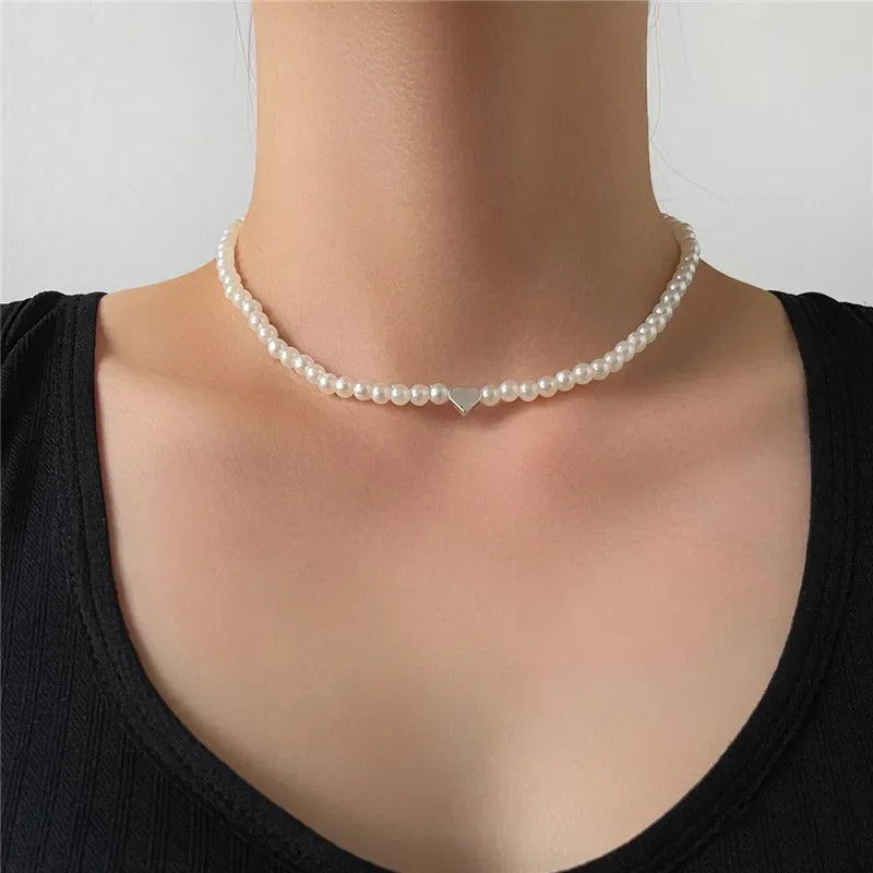 Trendy Love Heart Pearl Choker Necklace Female Personality Party Fashion Clavicle Collier Accessories Collar Gift Women Earrings