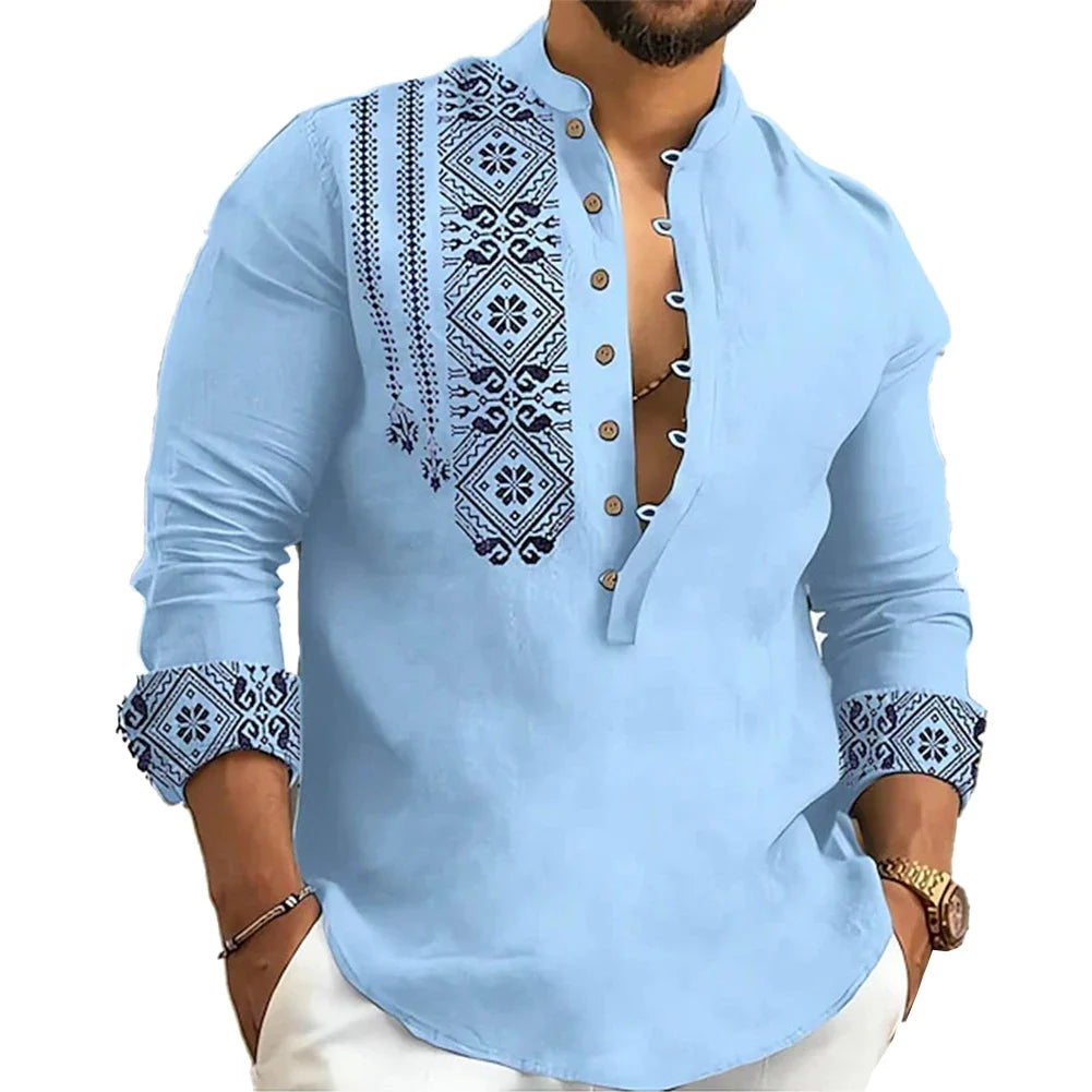 Men Long Sleeve Button-Down Shirt Blouse Loose Henley V-Neck Beach Tops T Shirts