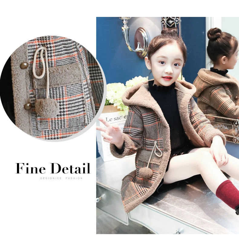 2024 Fashion Design Autumn Winter parka Girl Hairy clothes Long Woolen Coat for Kids Outerwear Grid pattern Padded Warm clothing