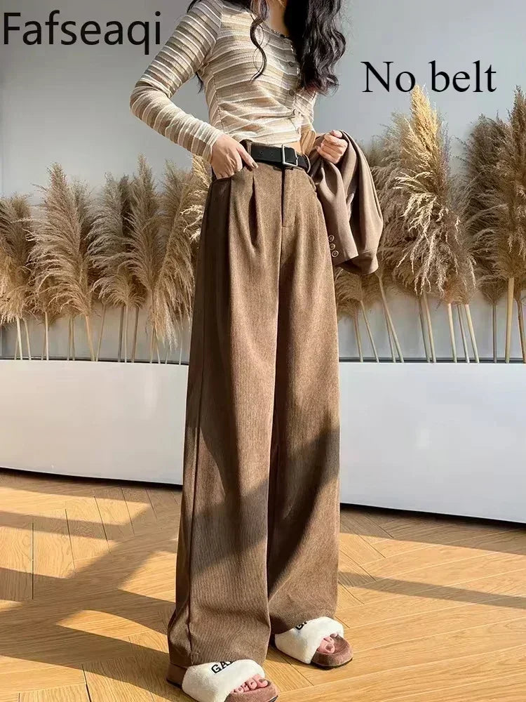 Elegant Wide Leg Pants for Women 2024 Autumn New Maillard Full Length Trousers Winter Women's Baggy Pants with Velvet Sweatpants