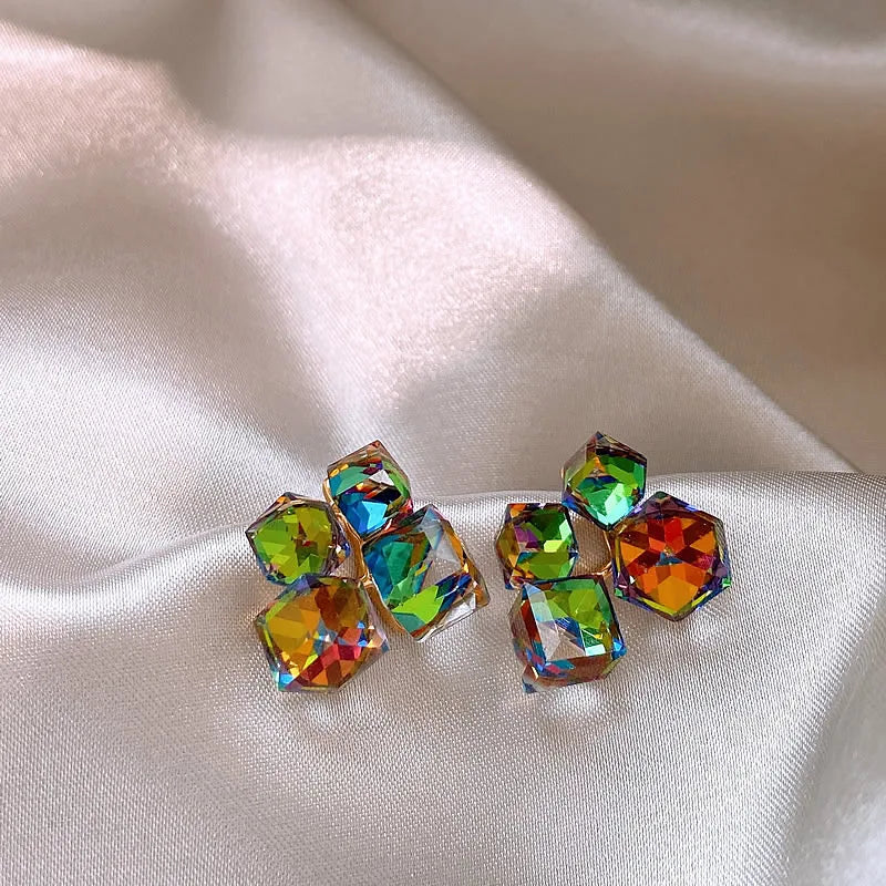 Design Fantastic Colorful Crystal Geometric Square Earrings with Different Angles and Colors Unusual Jewelry for Women or Girls