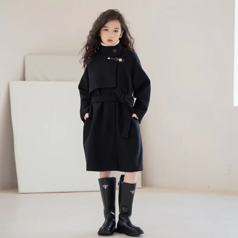 Winter Girls Wool Coat Long Double-faced Tweed Overcoat for Kids Fashion Casual Grey 10 12 14 Years Teenage Children Outerwear