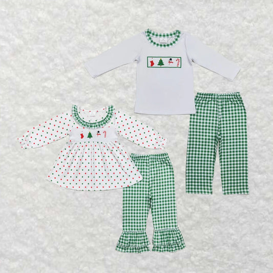 Wholesale western boutique Children's Clothing Baby Boys&Girls Embroidered Christmas tree Snowman Sibling Styles Clothes Sets