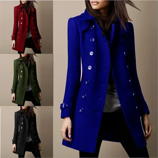 Women Autumn Winter Fashion Casual Coat Long Sleeve Trench Double Breasted Button Coat Warm Outwear