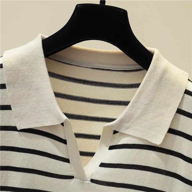 Women's Striped V-neck Pullover Polo Sweater Early Autumn All-match Tops Long-sleeved Knitted Bottoming Sweaters Jumpers New