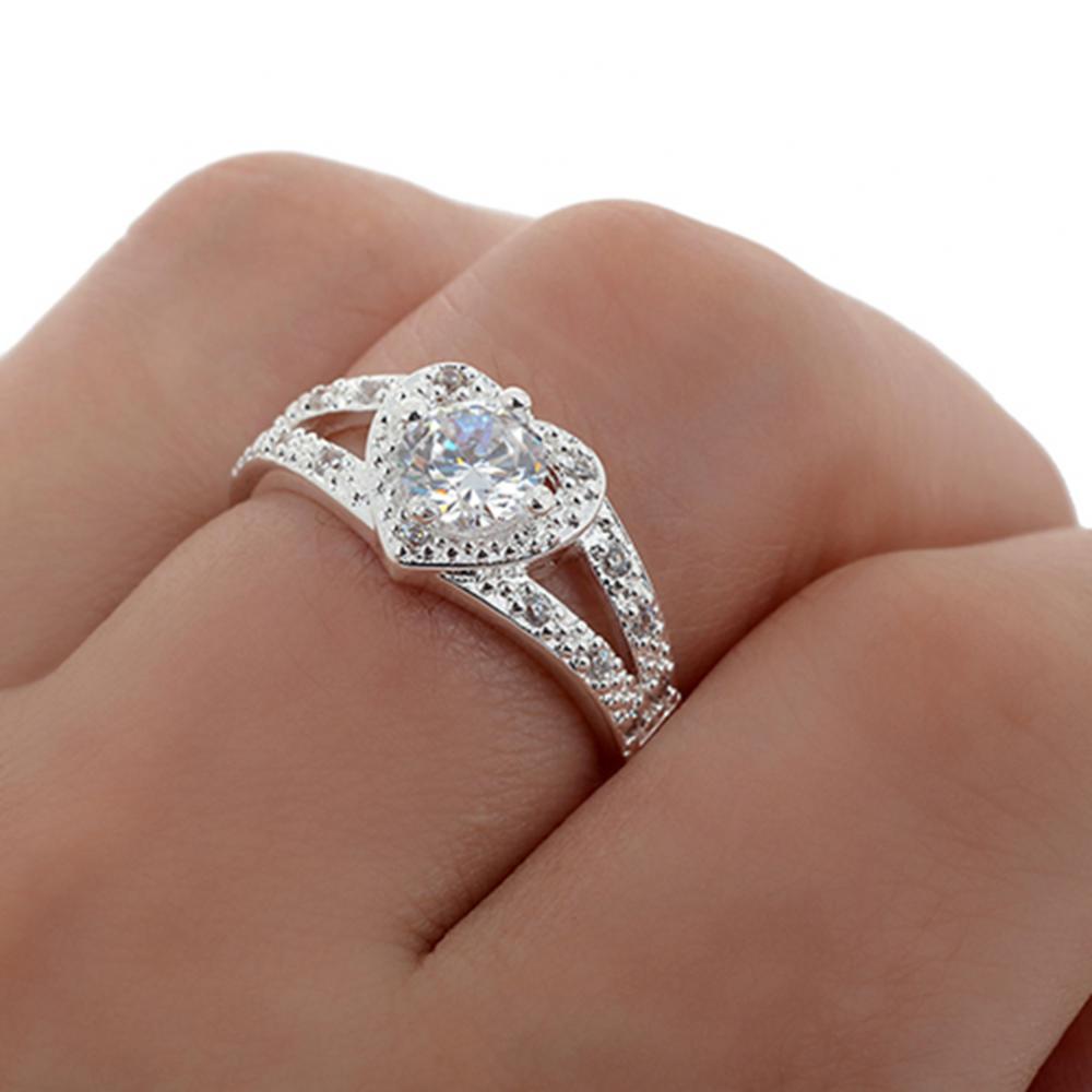 Women 925 Sterling Silver Crystal Love Heart Shaped Ring Bridal Wedding Jewelry