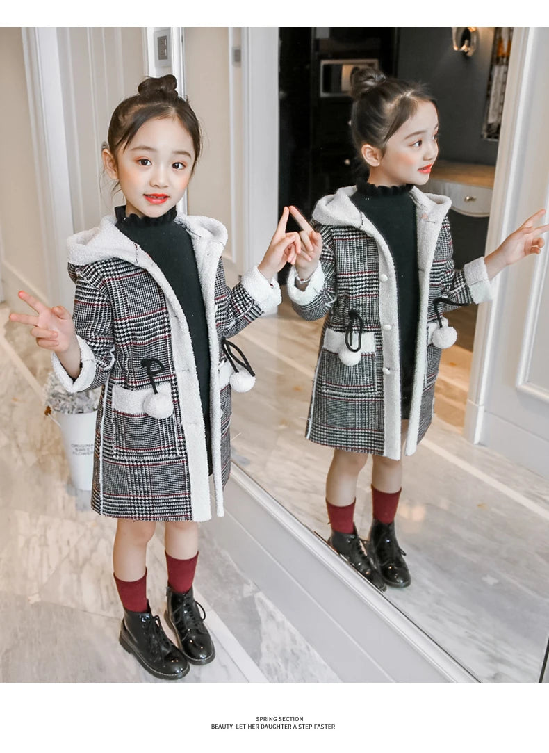 4-15 Year Children Outwear Winter for Girl Plaid Thicken Woolen Jacket Coat Teenage Kids Outfits Wool Long Outerwear Warm Fleece