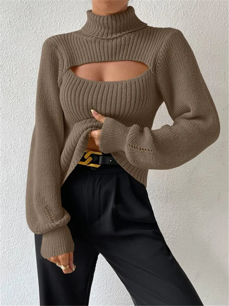 Chest Hollowed-out Sexy Sweater Design Sexy Loose Matching Sweater Fall Winter Turtleneck Hollowed-out Sweater Women Wear Top