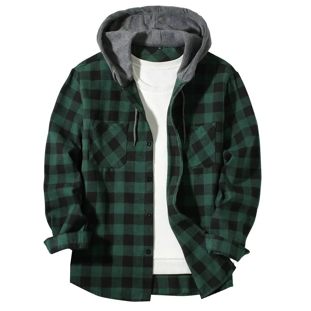 Spring Autumn Men's Hoodies Shirts Classic Plaid Casual Button Down Hooded Long Sleeved Double Pockets Shirt Flannel Jacket Tops