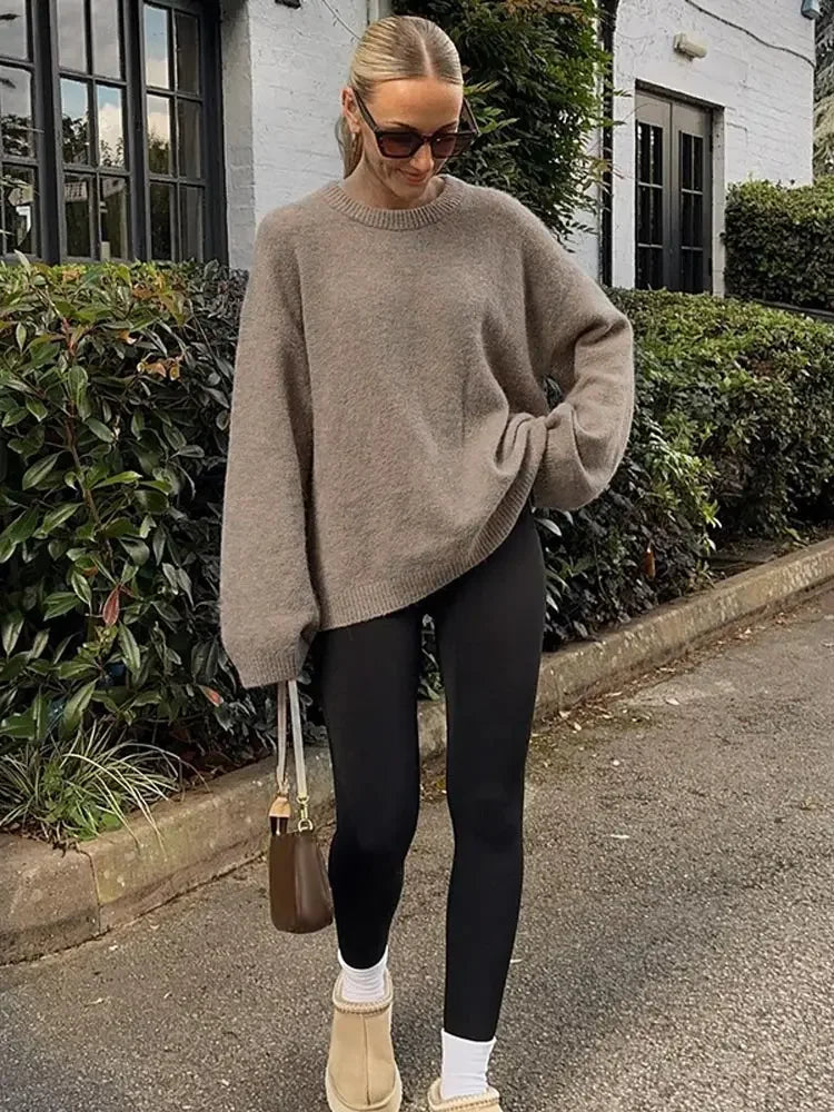 Casual Brown O-Neck knitted Cashmere Pullover Women Fashion Full Sleeve Loose Commute Jumper 2024 Autumn Lady Street Outerwears