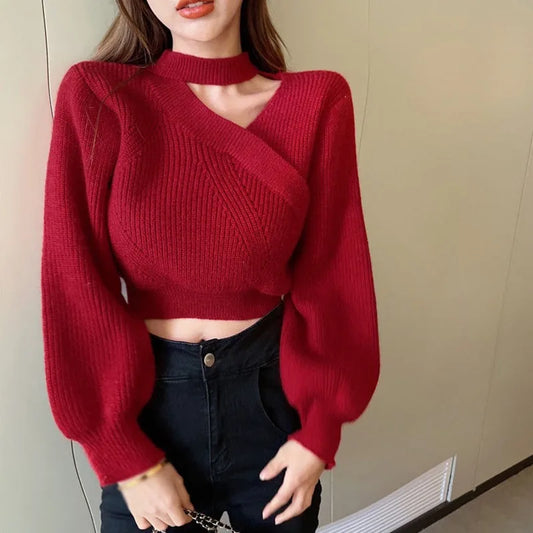 Women Christmas Sweater Autumn Winter Long Sleeved Sweater  Warm V-neck Off Shoulder