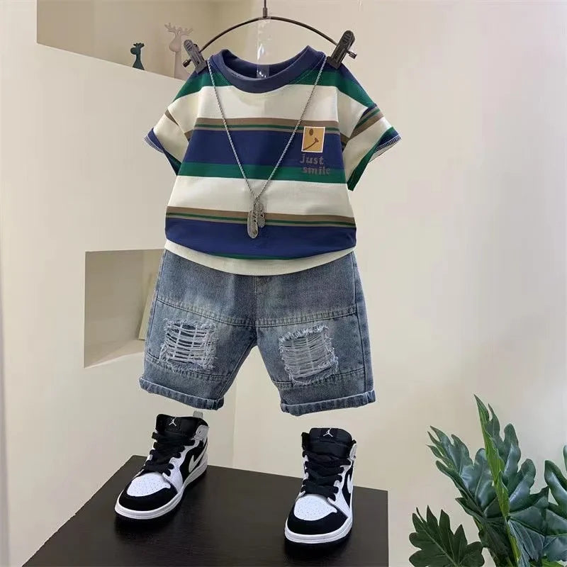 Boys Summer 2023 New Boutique Design Outfits Cotton Set Baby Boys Short Sleeve Shirt Jeans Shorts 2pcs Clothing Children 6 7 8Y