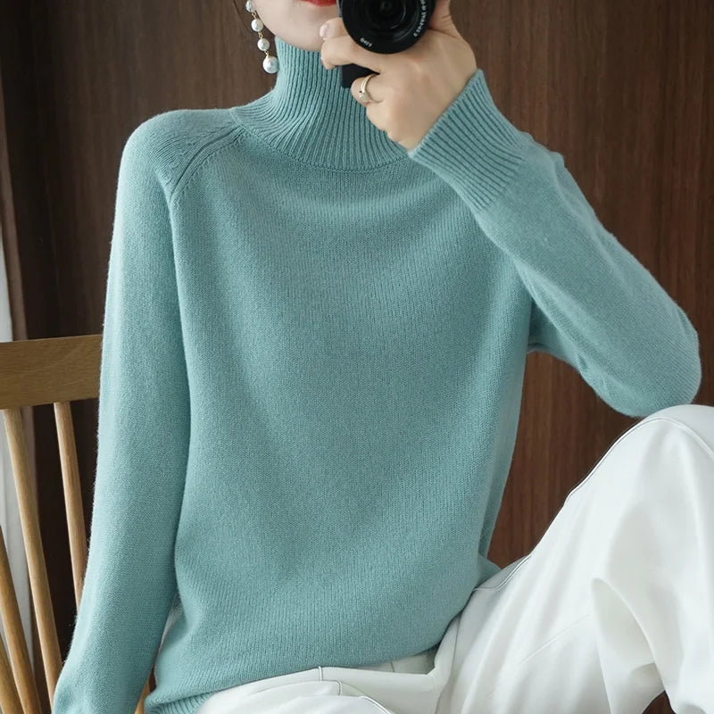 Turtleneck Merino Wool Pullover Basic Casual Cashmere Sweater Comfort Autumn Winter Women's Raglan Sleeve Clothing Tops