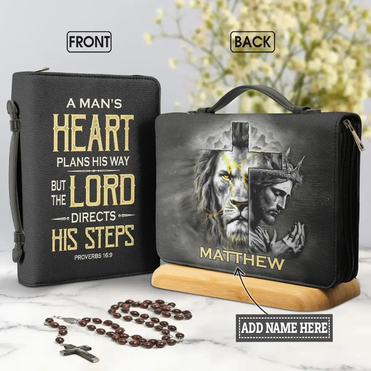 Women's Lion Cross Bible Bags A Mans Heart Plans His Way Words Printed Tote Handbag Brand Designer Custom Bible Case Book Cover