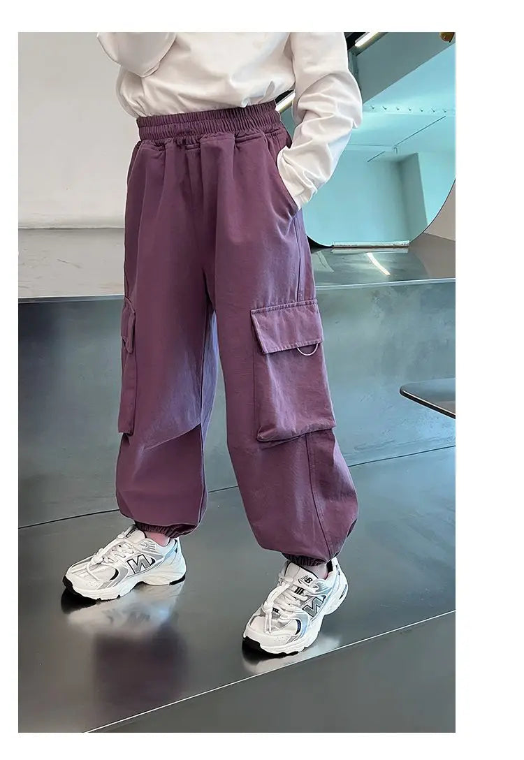 Girls Purple Casual Pants Big Children's Clothing Korean Black Cargo Long Pants Girls 2024 Spring Fashion New Cotton Trousers