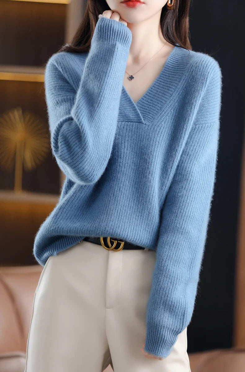 V-Neck Autumn Winter Sweater pullovers Women 2024 loose thick cashmere Sweater Pullover women oversize sweater jumper