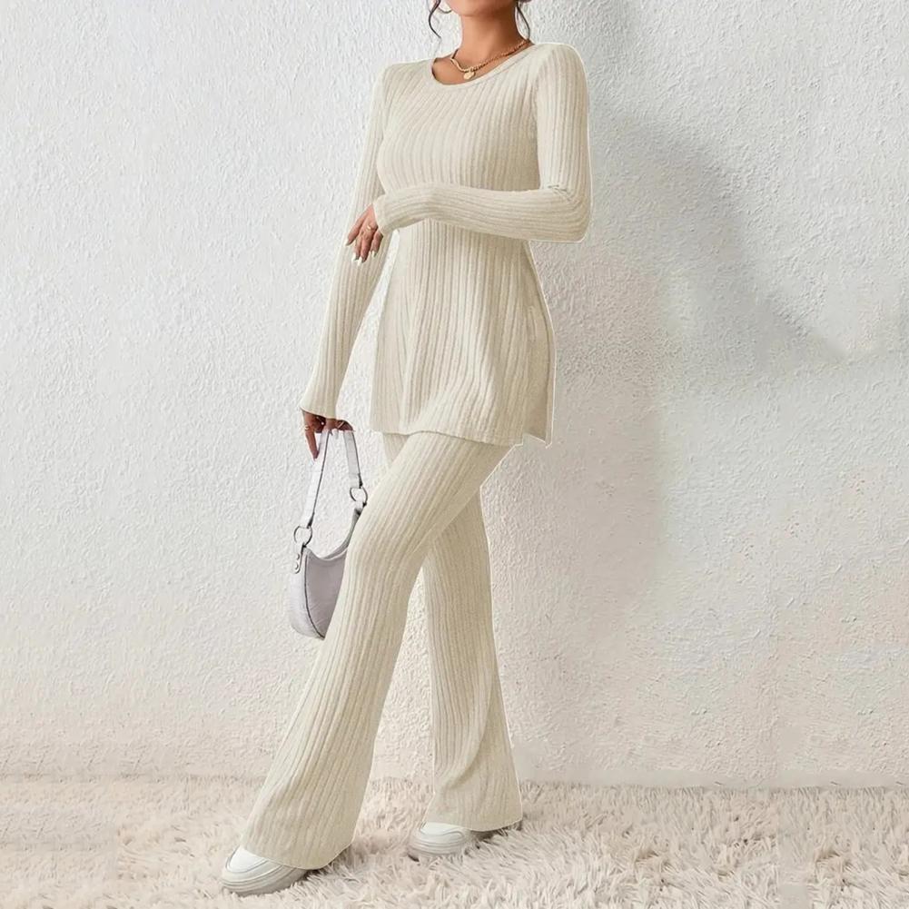 2023 Fall Winter Knitted 2 Piece Suits Women Long Sleeve Ribbed Slit Long Top and High Waist Pencil Pants Set Fashion Outfit