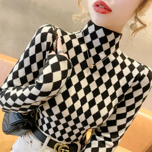 Women Clothing Fashion Elegant Mock Neck Long Sleeve Pullovers Spring Autumn Chic Slim Plaid All-match Tops Office Lady Sweaters