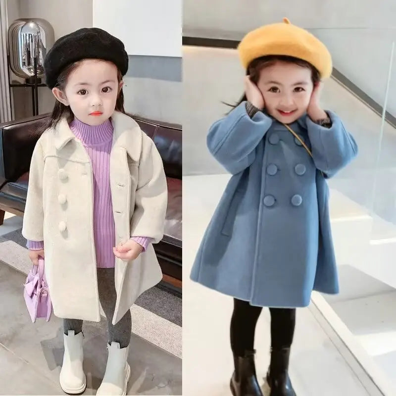 Winter Girl Baby Jacket Outdoor Cardigan Children's Medium Length Woolen Cotton Coat Thickened Double Breasted Jacket New 2024