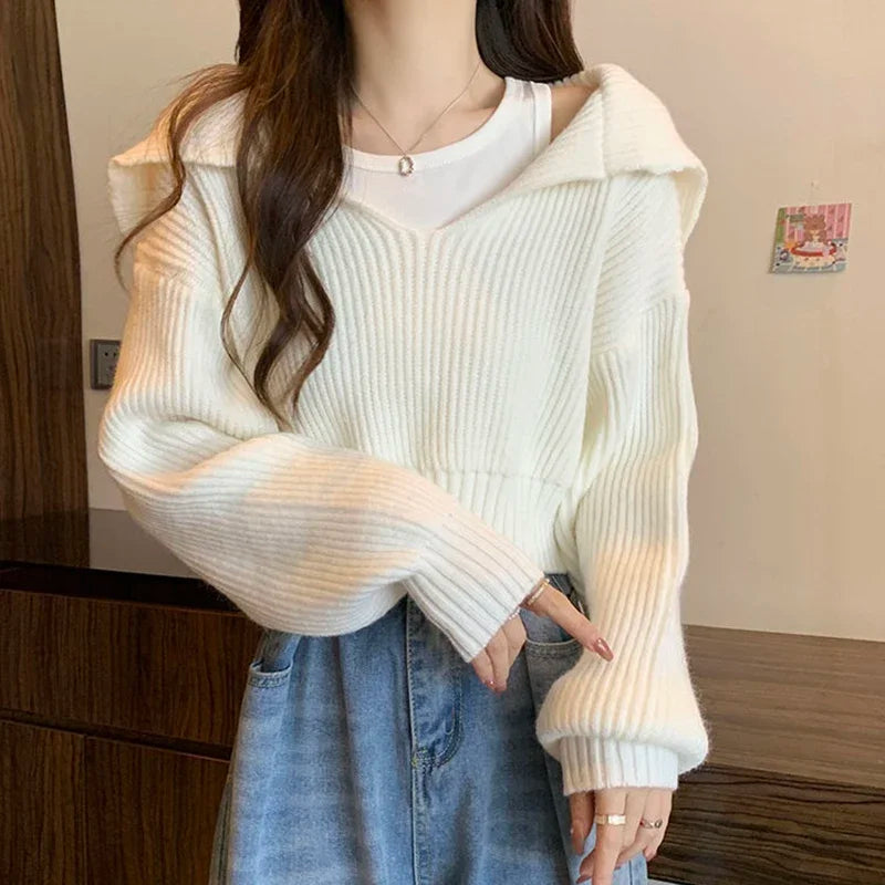 Long Sleeve Cropped Sweater Women Autumn Winter Turn Down Collar Knitted Jumper Woman Korean Style Solid Color Jerseys