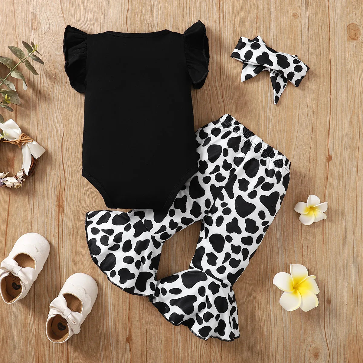 Summer Baby Girls Fashion Three-Piece Set Black Cartoon Cow Embroidery Short Sleeve Dress Personality Flare Pants Bow Headband