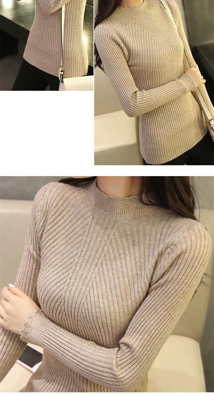 2024 Autumn Women Mock Neck Ruffles Sweater Long Sleeve Knitted Bottoming Solid Pullovers Stripe Women Casual Sweater Winter