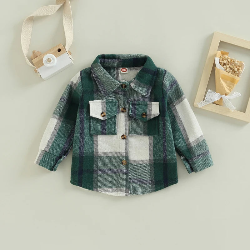 2022-08-23 Lioraitiin 0-4Years Kids Baby Girl Boy Plaid Shirt Jacket Casual Lapel Long Sleeve Button Up Cardigan Jacket Coat