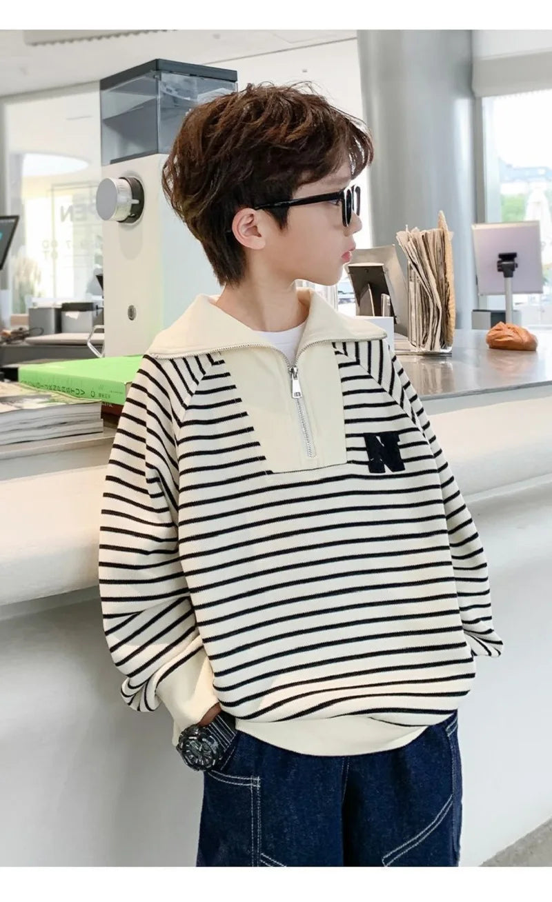 Spring Autumn School Kids Cotton Striped Half Zip Lapel Sweatshirt Boys Pullover Jumper Children Outfits Tracksuit Tops 3-14 Yrs