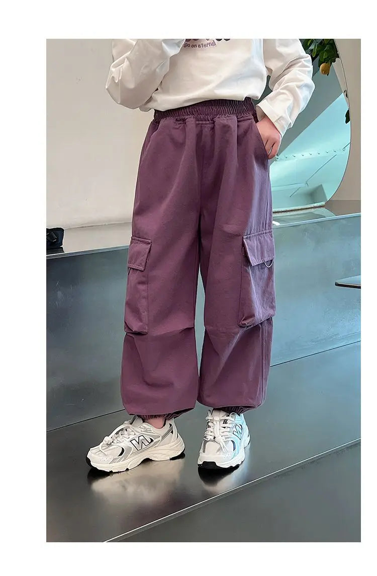 Girls Purple Casual Pants Big Children's Clothing Korean Black Cargo Long Pants Girls 2024 Spring Fashion New Cotton Trousers