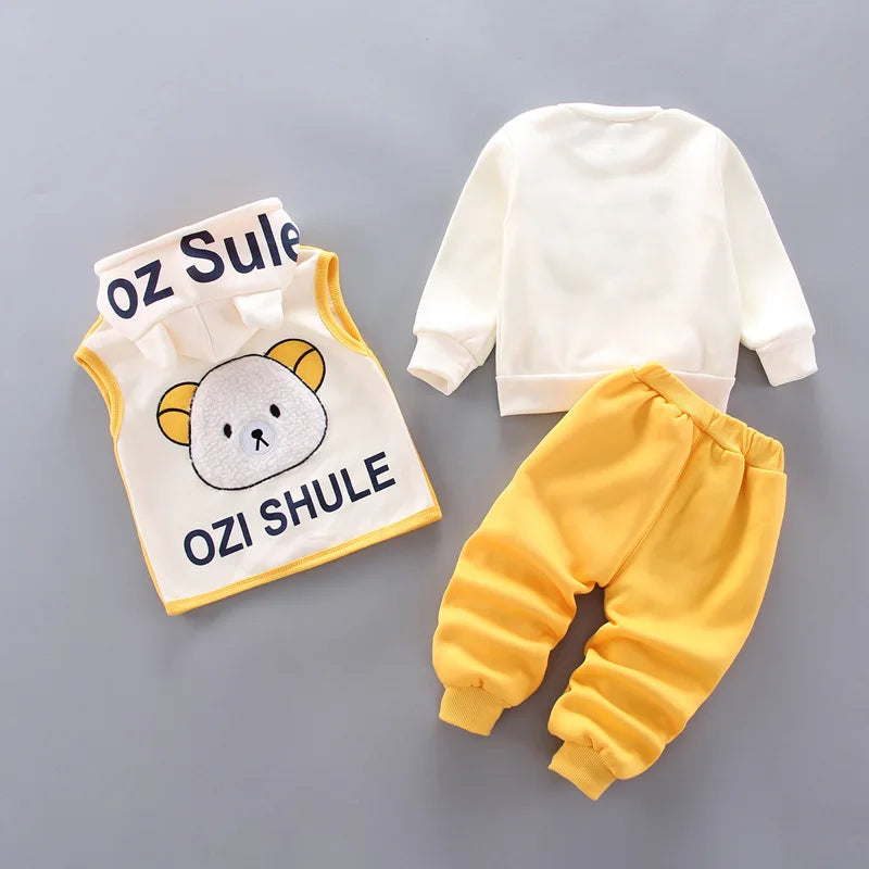 Winter Baby Fleece Clothing Sets Autumn Boys Girls Cotton Thicken Hooded Sweater Cartoon Bear Pants 3Pcs Kids Warm Outfits