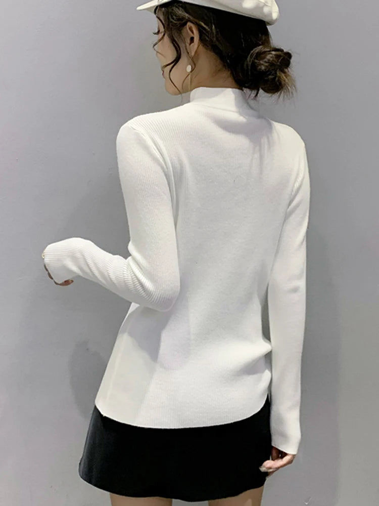 Autumn Winter Pullovers Women Hollow-out Sweaters Long Sleeve Half High Collar Sweater Female Slim Korean Knitwears Tops 2024