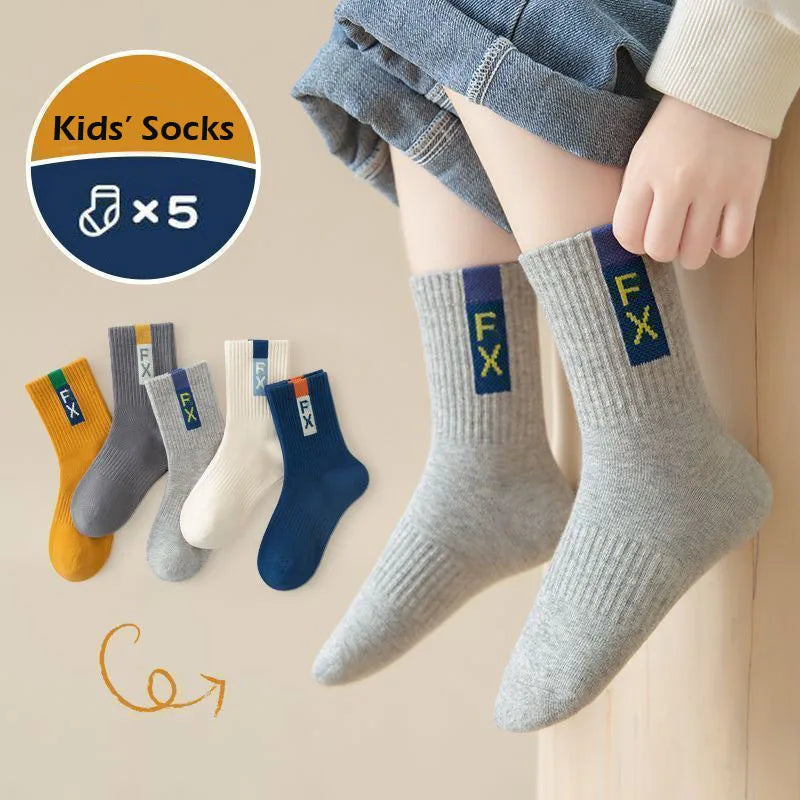 5 Pairs Children's Socks Autumn Mid-calf Length Cotton Socks Kids Boys Sporty Socks Crew Sock