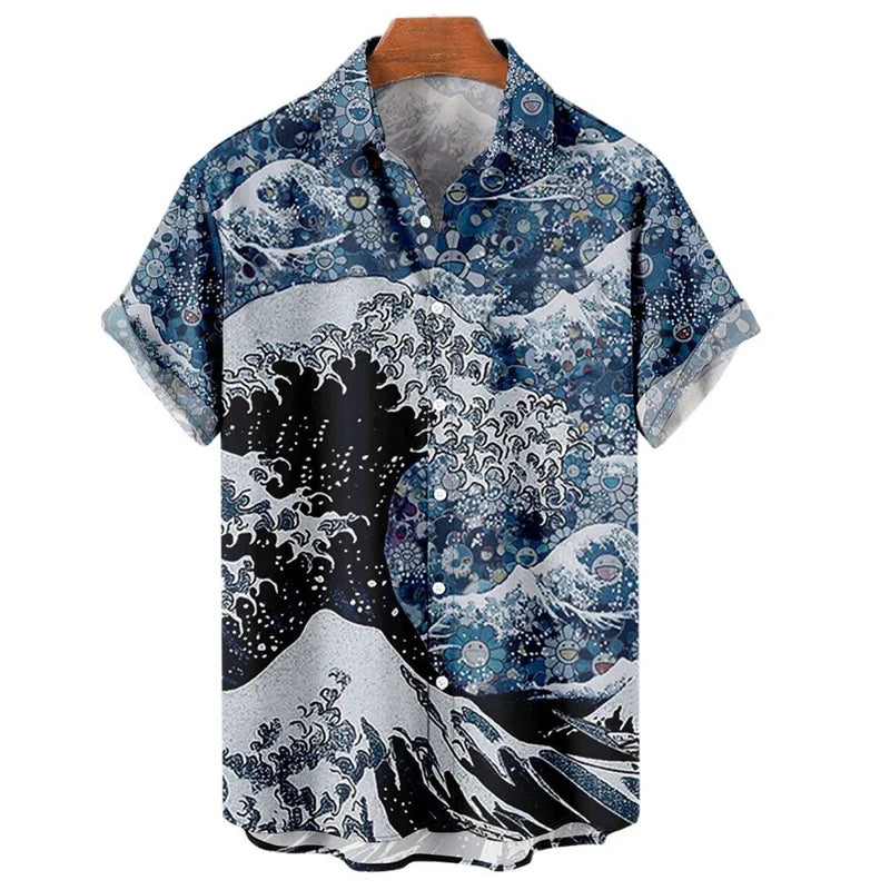 Japanese Sea Ocean Wave Graphic Shirt Men Kids 3D Print Vintage  Hawaiian Beach Shirts Short Sleeve Women Lapel Tops Clothing