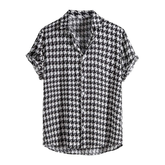 Summer Houndstooth Plaid Shirts For Men Hawaiian Short Sleeve Mens Social Dress Shirts Casual Beach Button Up Blouse Men Camisas