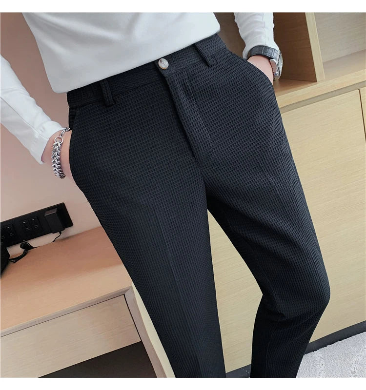 Suit Pants Autumn Winter Fashion Waffle Dress Pants For Men Clothing Business Casual Slim Fit Men's Formal Trousers High Quality