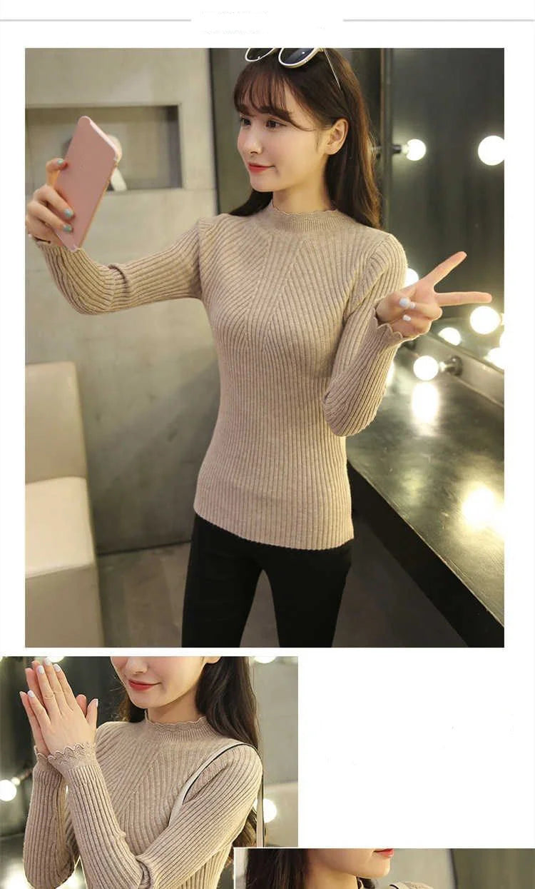 2024 Autumn Women Mock Neck Ruffles Sweater Long Sleeve Knitted Bottoming Solid Pullovers Stripe Women Casual Sweater Winter