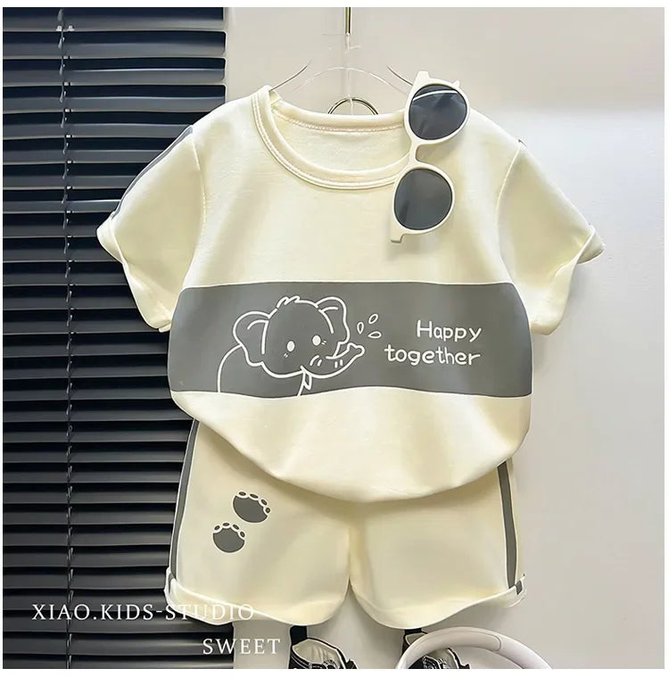 2024 New Kids Short Sleeve Suit Striped Girls Boys Set Summer Tops +short Baby Clothes Children's Wear