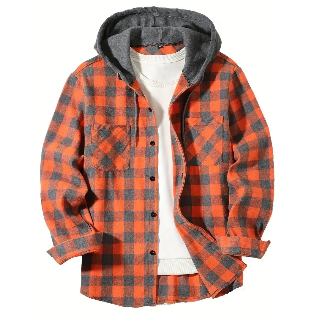 Spring Autumn Men's Hoodies Shirts Classic Plaid Casual Button Down Hooded Long Sleeved Double Pockets Shirt Flannel Jacket Tops