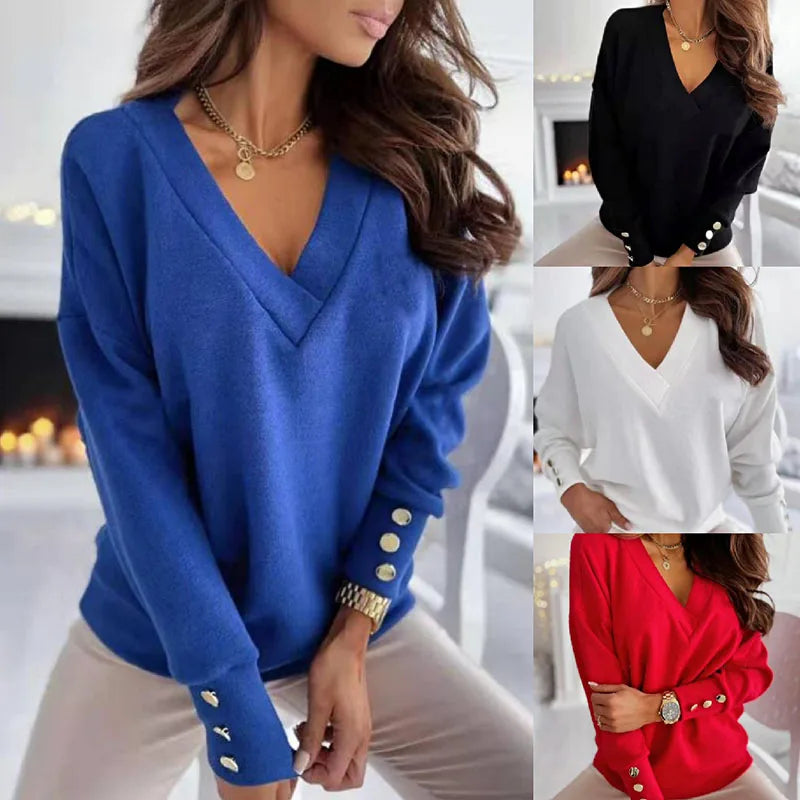 2023 loose Women's Clothing Pullovers Jumpers Spring Autumn New Casual Loose Solid Button V-Neck Long Sleeve for Women Sweaters