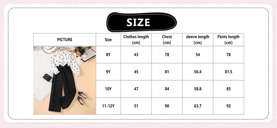 Autumn New Girls Outfit 8-12 Years Girls Long Sleeve Shirt With White Heart + Black Wide-Leg Pants Pastoral Retro Kids Suit