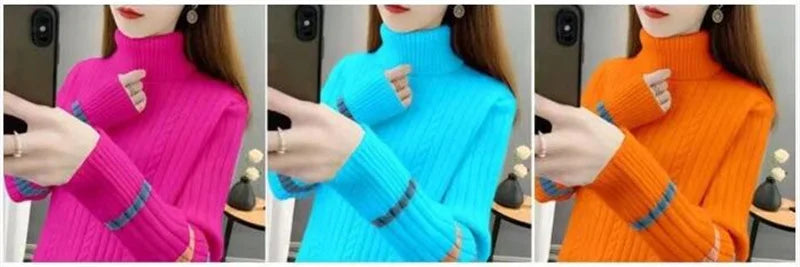 2023 Autumn Winter Women Turtleneck Sweater Soft Pullovers Loose Warm Elasticity Long Sleeved Knitted Sweater Jumper Female Tops