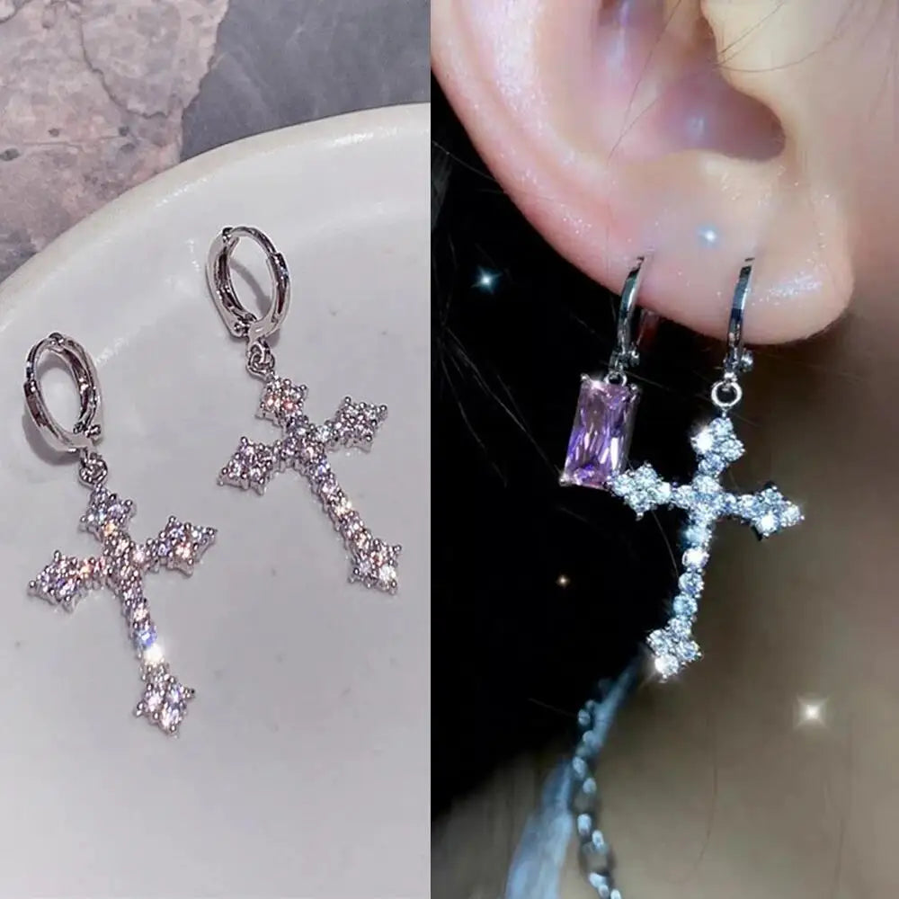 Korean Fashion Zircon Crystal Cross Women Drop Earrings for Gothic Punk Hip Hop Female Piercing Drop Earrings Party Jewelry Gift