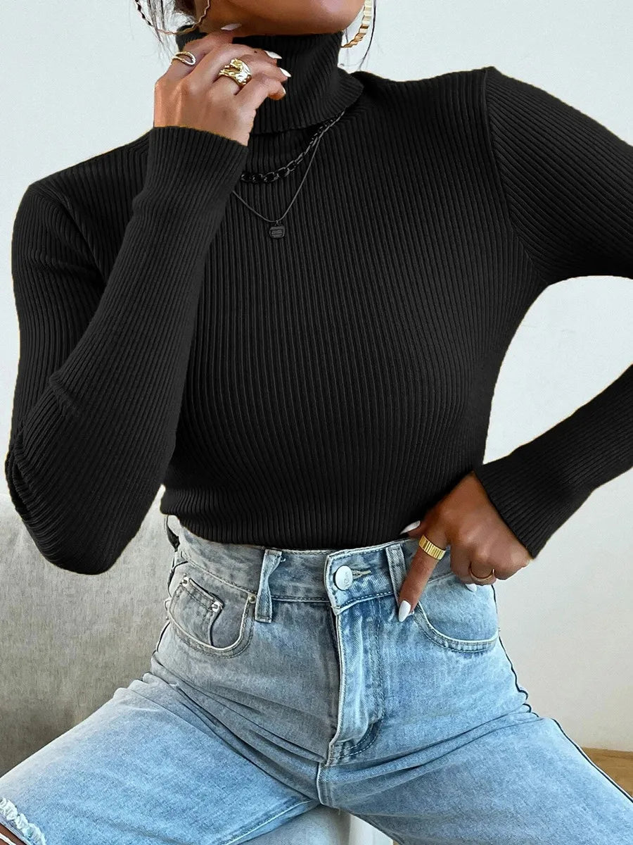 2024 Autumn Winter Women Knit Solid Turtleneck Pull Sweater Casual Rib Jumper Tops Female Home Pullover Y2K Clothing