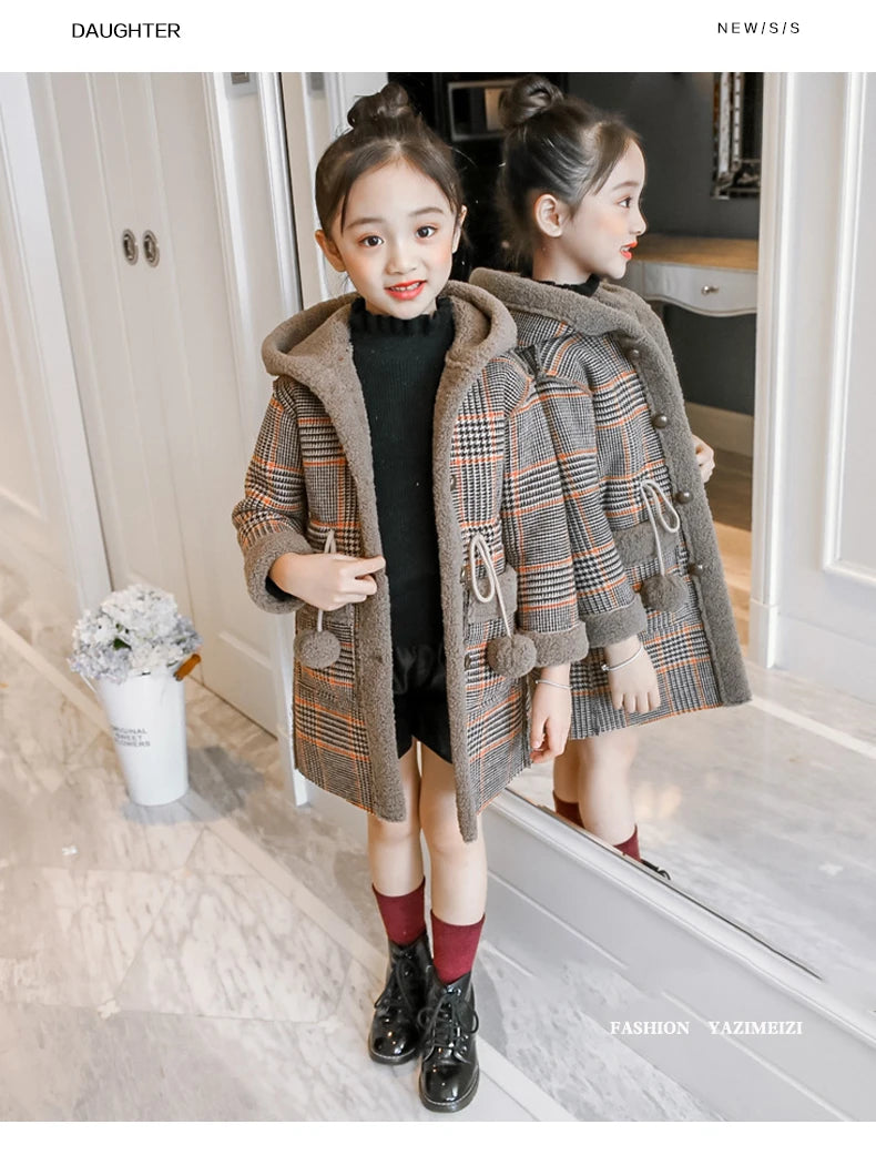 4-15 Year Children Outwear Winter for Girl Plaid Thicken Woolen Jacket Coat Teenage Kids Outfits Wool Long Outerwear Warm Fleece